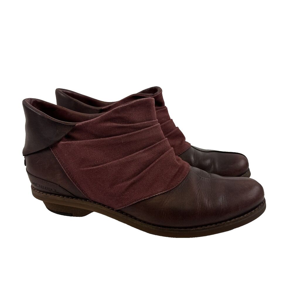 Merrell Adaline Bluff Bootie Maroon Leather Ruched Ankle Pull On Boot Womens 8.5